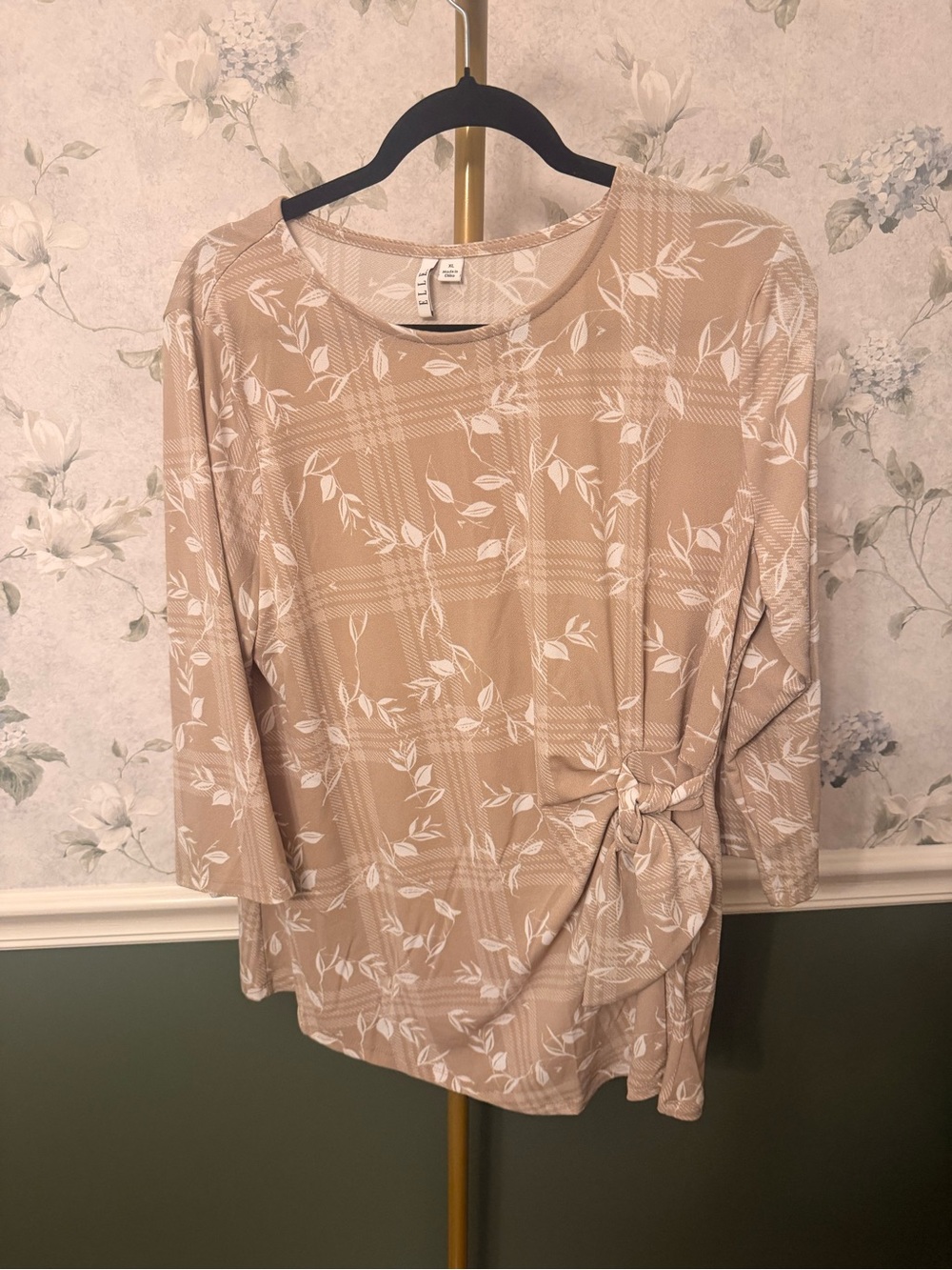 Elle Beige Floral Long Sleeve Tie-Side Top